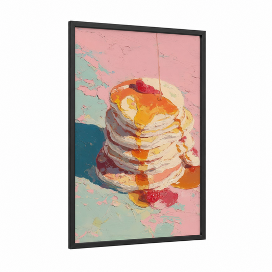 Golden Pancake Stack framed breakfast print — black wood frame — pink and gold palette