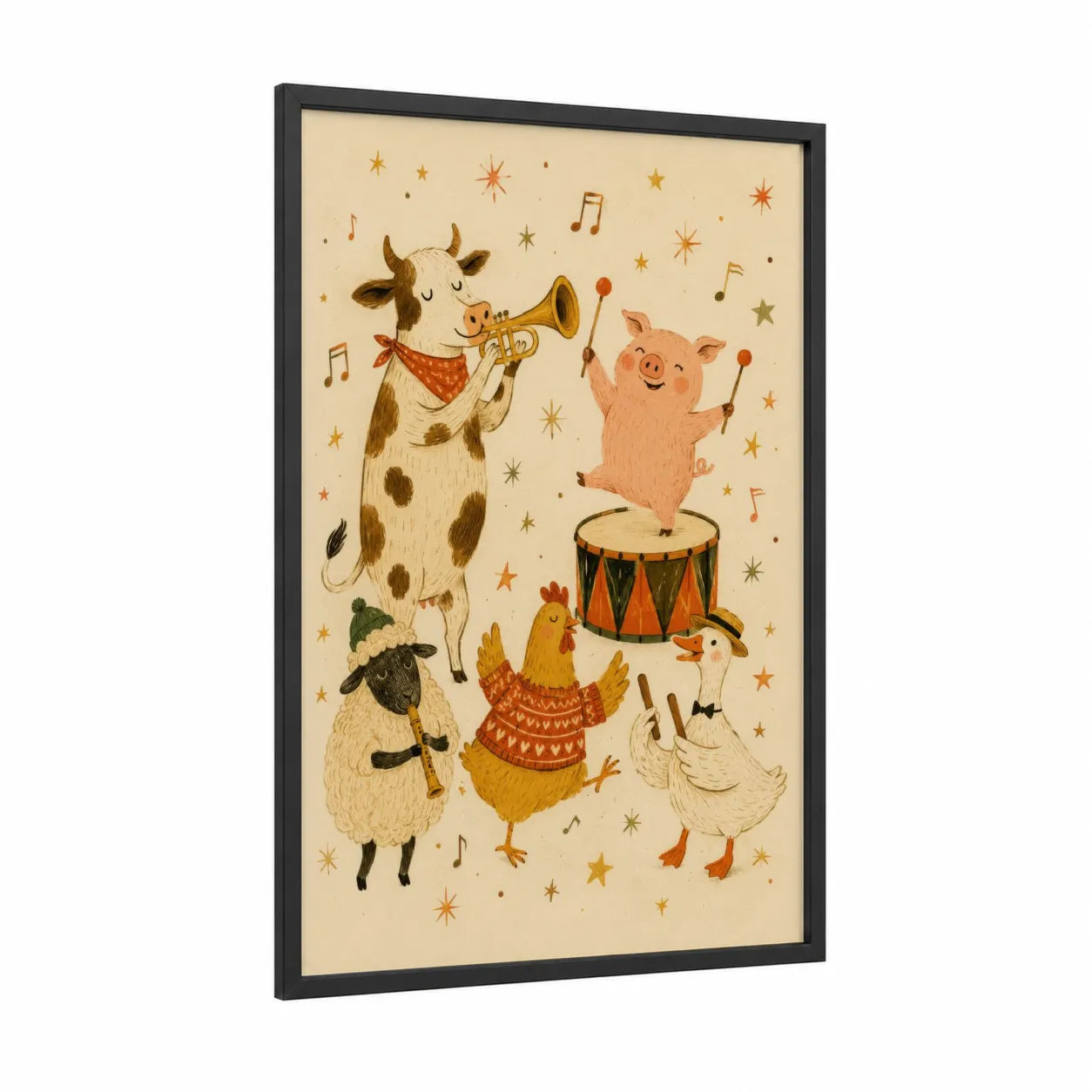 Farm Band Musical Animals Wall Art framed cow print — black wood frame — cream and gamboge palette