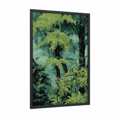 Luminous Forest Canopy framed forest trees print — black wood frame — yellow gold and dark green palette