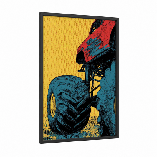 Red Farm Truck framed art print — black wood frame — red and yellow palette