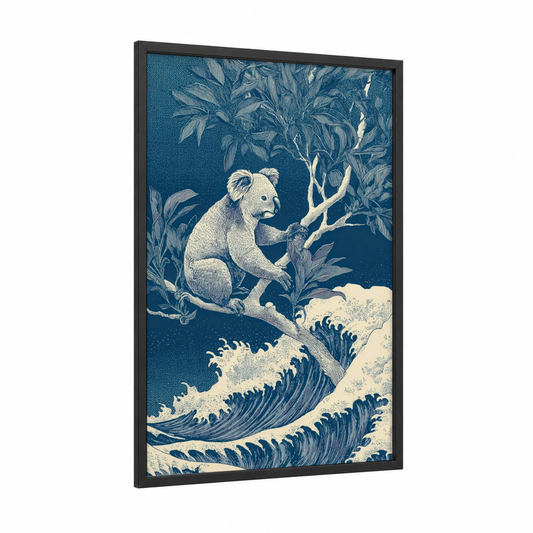 Climbing Koala framed art print — black wood frame — dark blue and cream palette