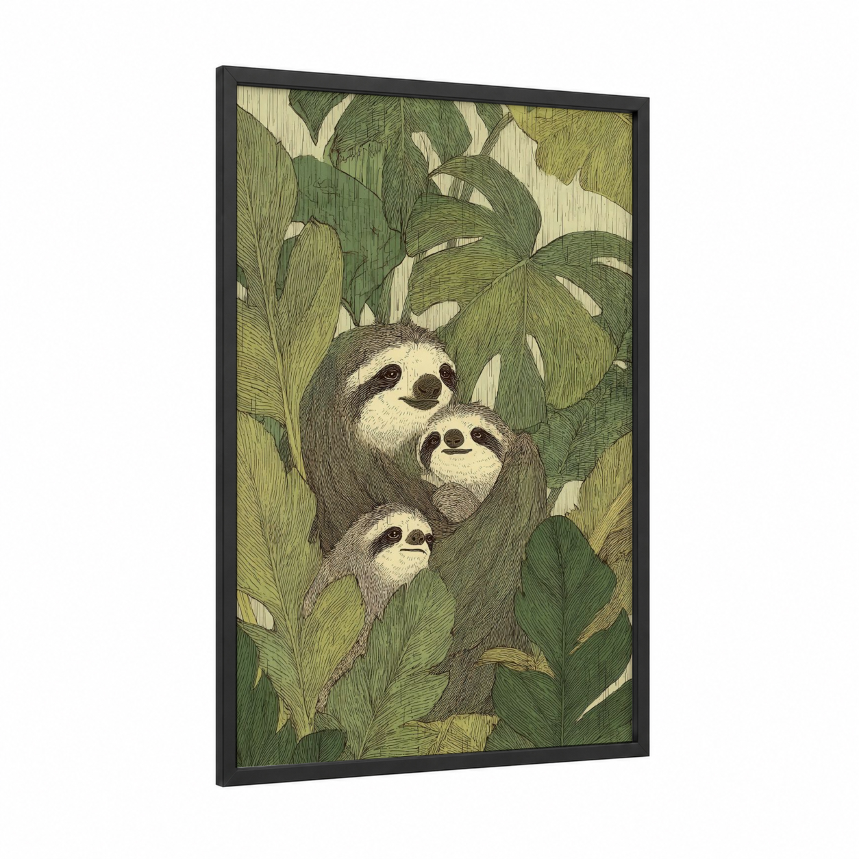 Canopy Sloth Family framed art print — black wood frame — green and cream palette