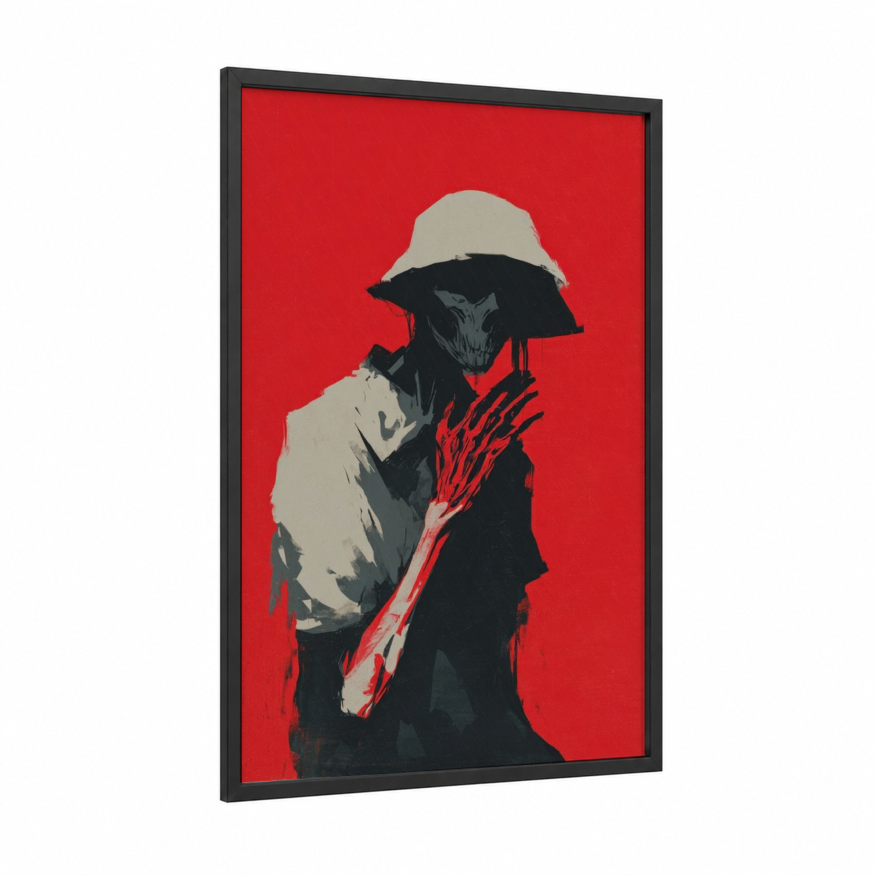 Undead Soldier framed zombie print — black wood frame — red and black palette