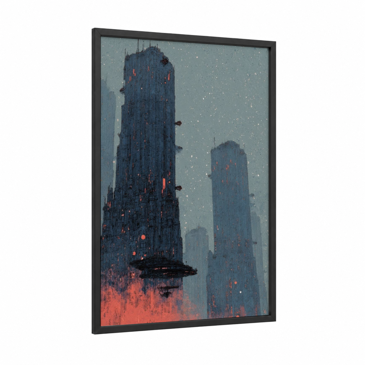 Neon Cityscape framed sci-fi print — black wood frame — blue and red palette