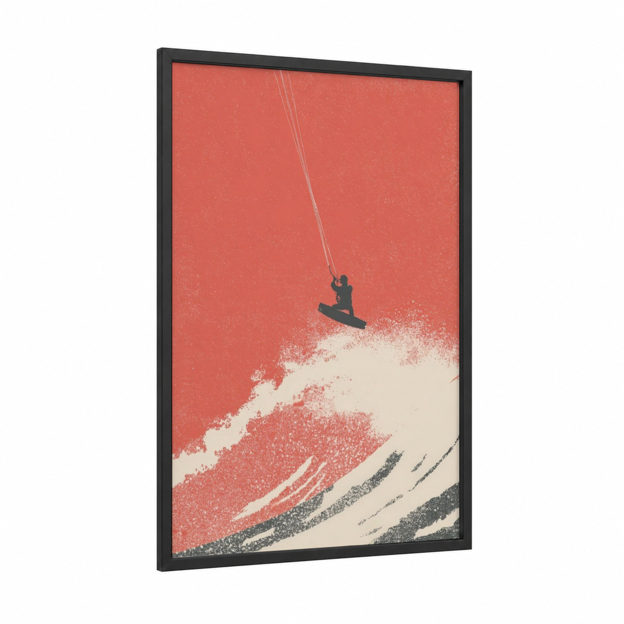 Crimson Kite Surfer framed kite surfing print — black wood frame — red and cream palette