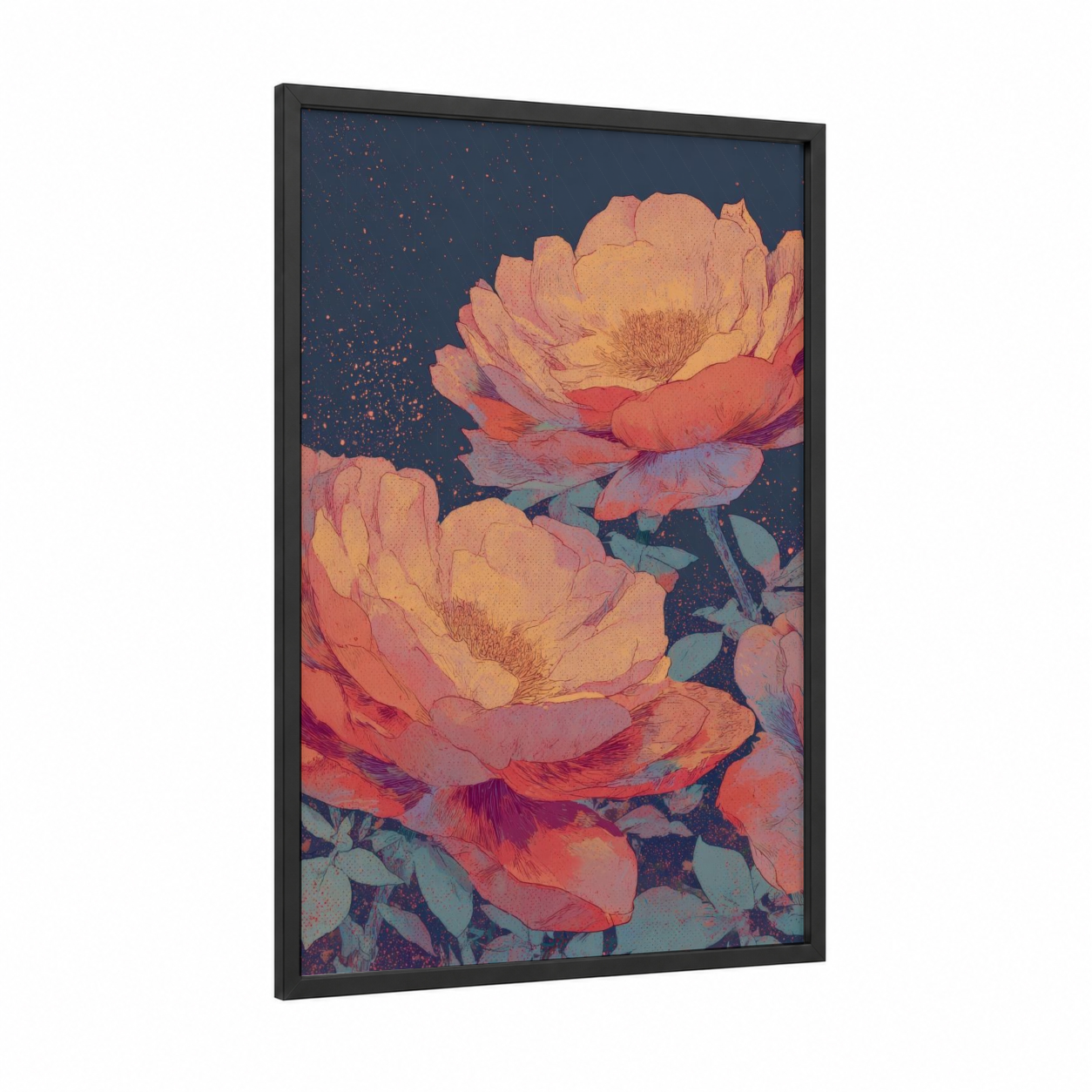Celestial Roses framed art print — black wood frame — peach and dark blue palette