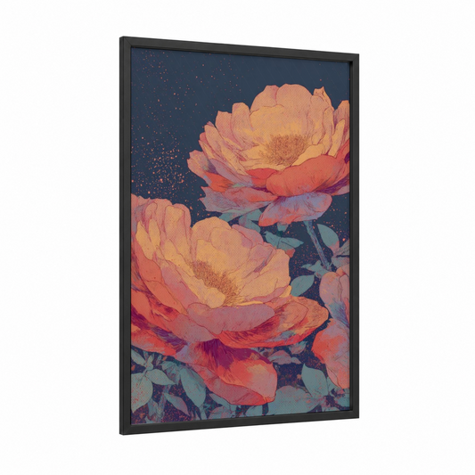 Celestial Roses framed art print — black wood frame — peach and dark blue palette