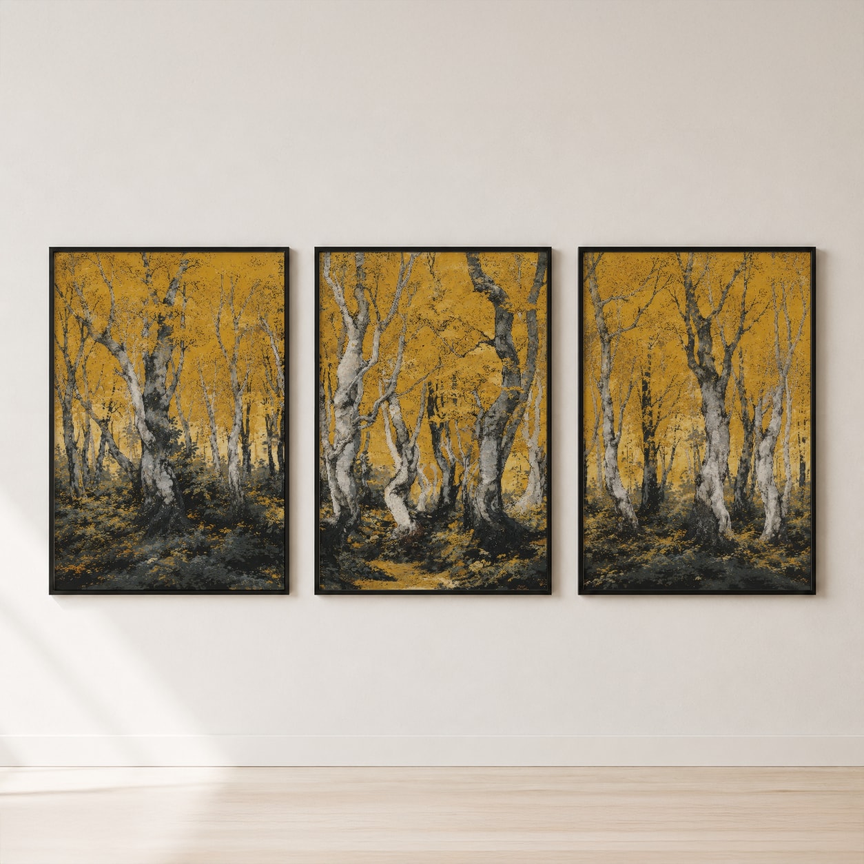 Golden Birch Forest Triptych Set Wall Art — set hero