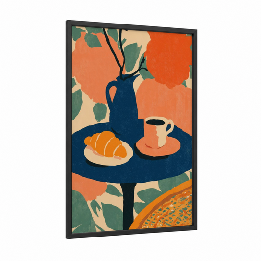 Morning Pastries Table framed breakfast print — black wood frame — orange and teal palette