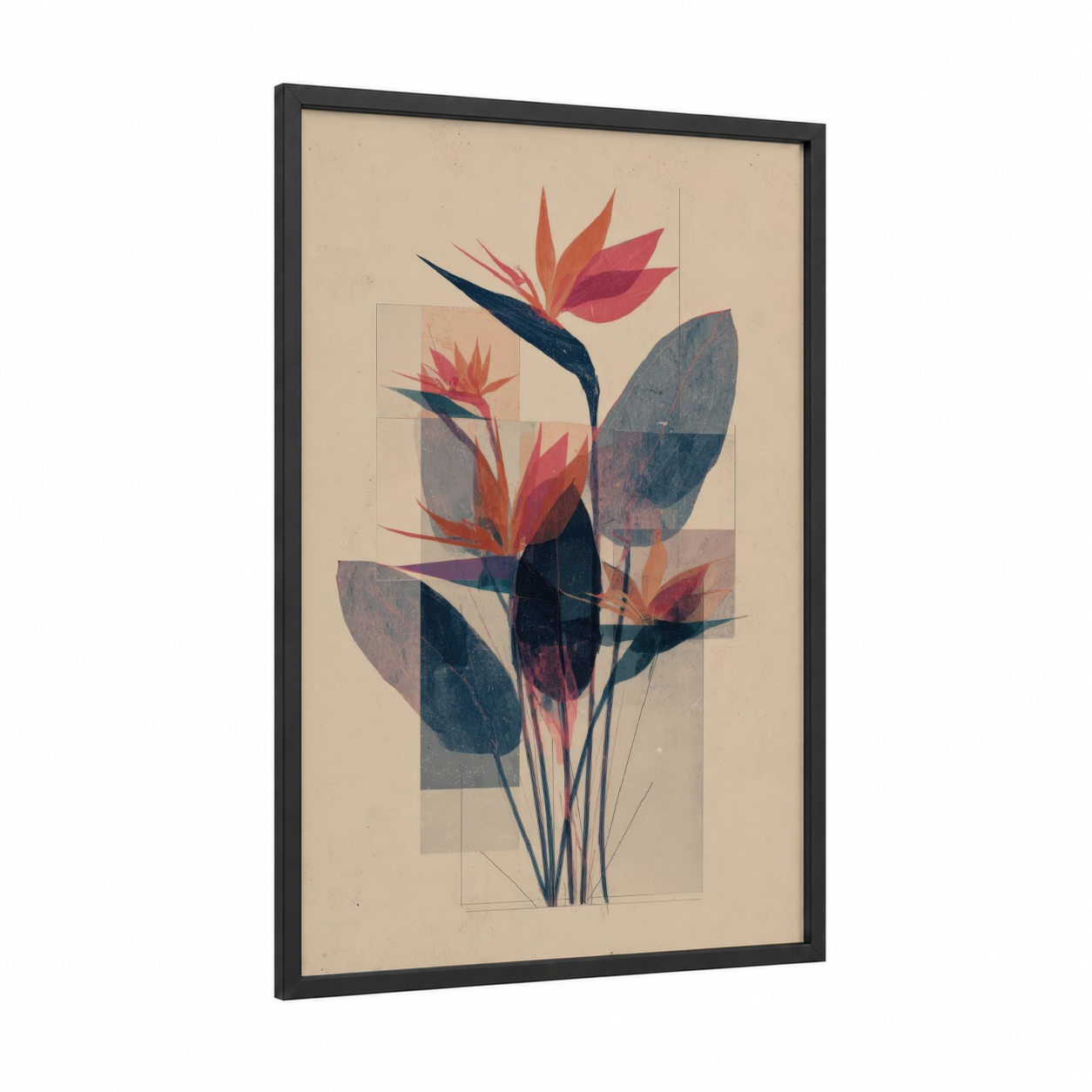 Tropical Birds Paradise framed birds of paradise print — black wood frame — cream and russet palette