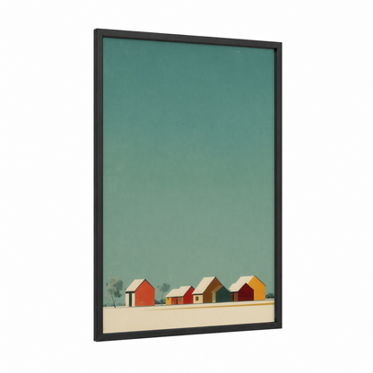Tranquil Village framed art print — black wood frame — teal and cream palette