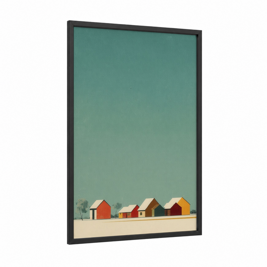 Tranquil Village framed art print — black wood frame — teal and cream palette