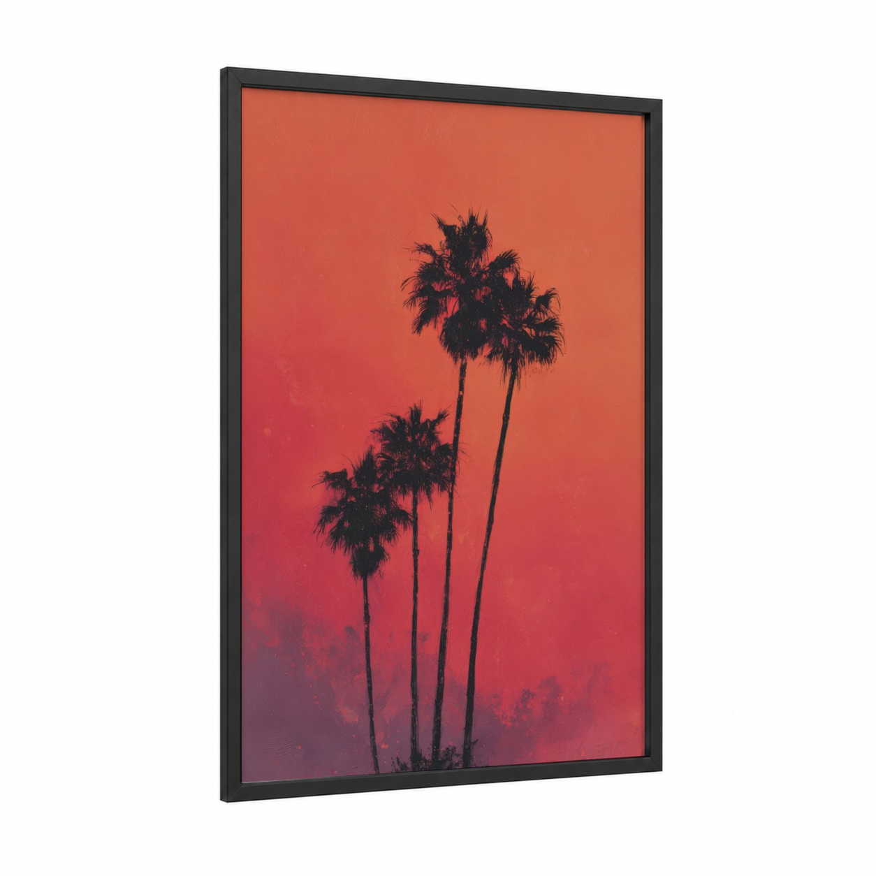 Tropical Sunset Palms framed palm tree print — black wood frame — orange and magenta palette