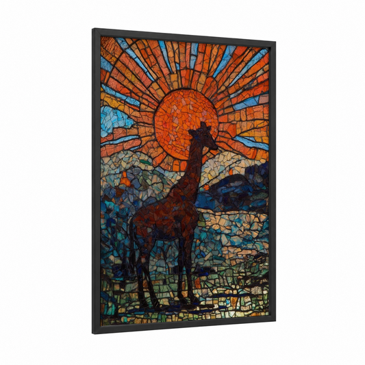 Sunset Giraffe framed art print — black wood frame — orange and blue palette