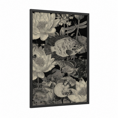 Lotus Discus Pair framed discus fish print — black wood frame — black and white palette