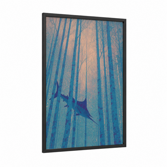 Misty Marlin framed art print — black wood frame — teal and peach palette
