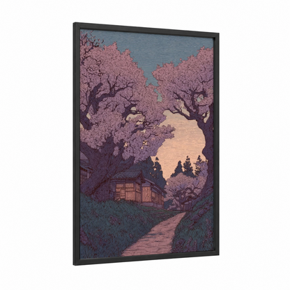 Cherry Blossom Sanctuary framed spring print — black wood frame — salmon pink and blue and gray palette