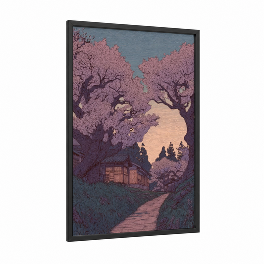 Cherry Blossom Sanctuary framed spring print — black wood frame — salmon pink and blue and gray palette