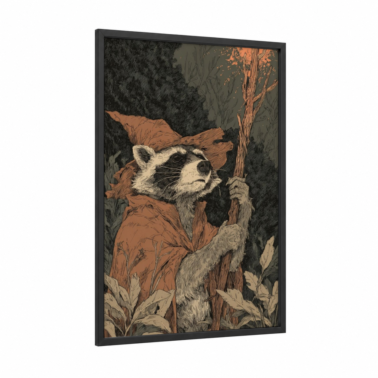 Forest Raccoon framed art print — black wood frame — brown and black and white palette