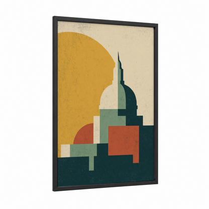 Golden Cathedral Sunset framed saint paul's cathedral print — black wood frame — yellow gold and dark blue palette