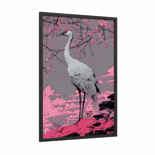 Cherry Blossom Crane framed art print — black wood frame — pink and gray palette