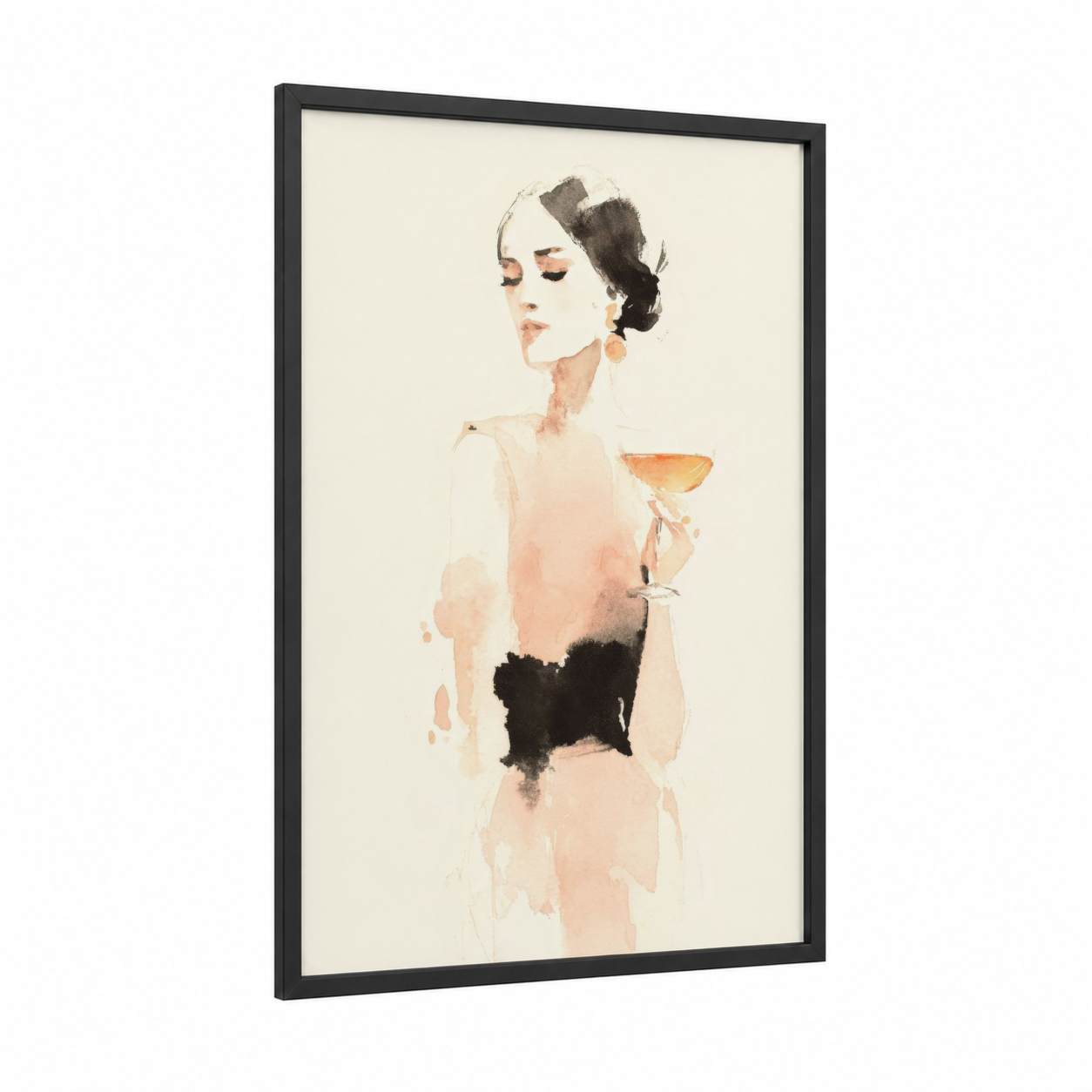 Champagne Elegance framed art print — black wood frame — peach and black and white palette