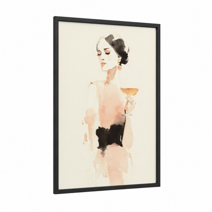 Champagne Elegance framed art print — black wood frame — peach and black and white palette