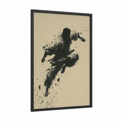 Dynamic Kung Fu framed art print — black wood frame — black and white and beige palette