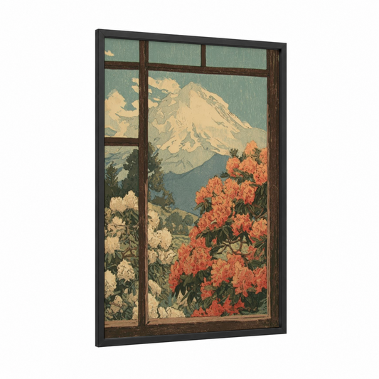 Snowy Everest Window framed mount everest print — black wood frame — cream and blue and white palette