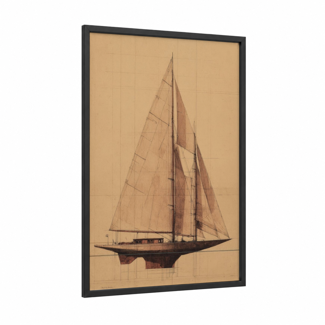 Classic Sailing Yacht framed sailing ship print — black wood frame — beige and brown palette