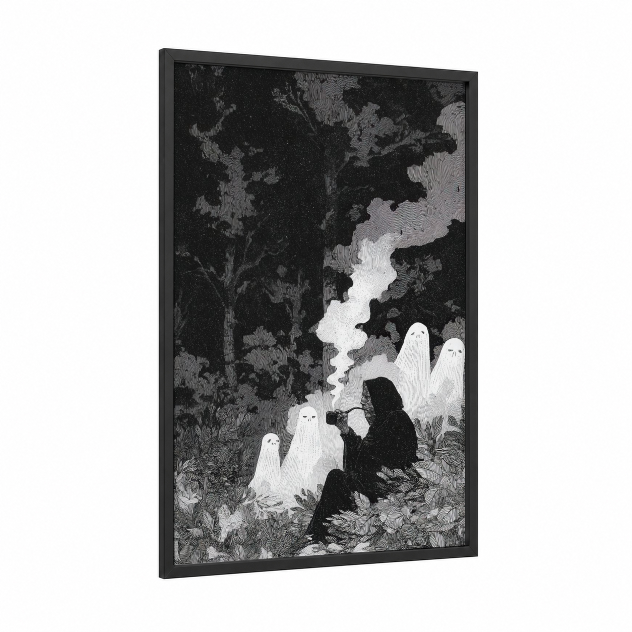 Ghostly Vigil framed smoke print — black wood frame — black and white palette