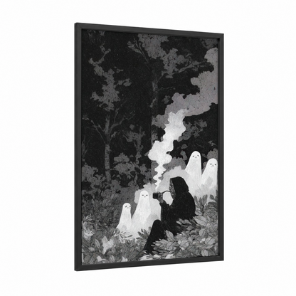 Ghostly Vigil framed smoke print — black wood frame — black and white palette
