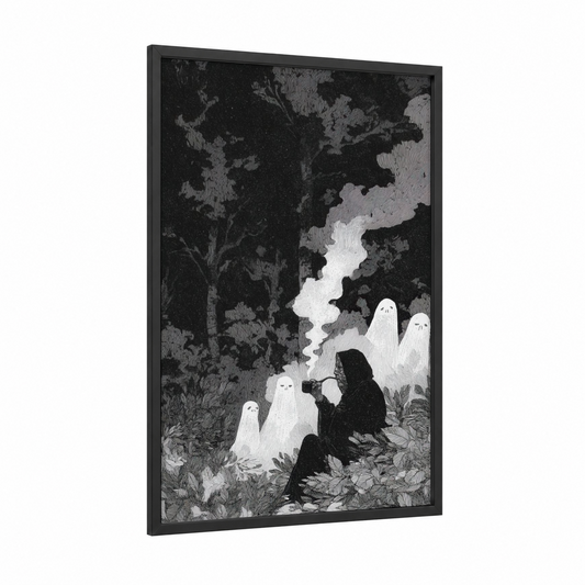 Ghostly Vigil framed smoke print — black wood frame — black and white palette