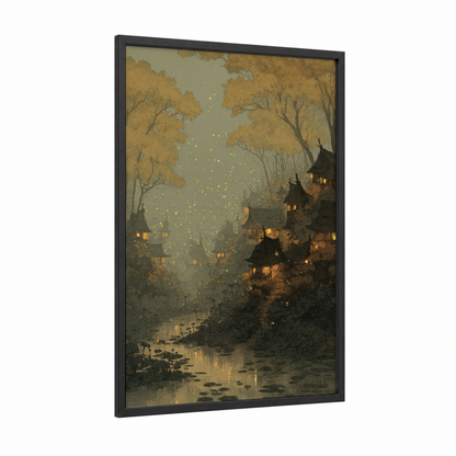 Enchanted Forest Village framed art print — black wood frame — gold and champagne gold palette
