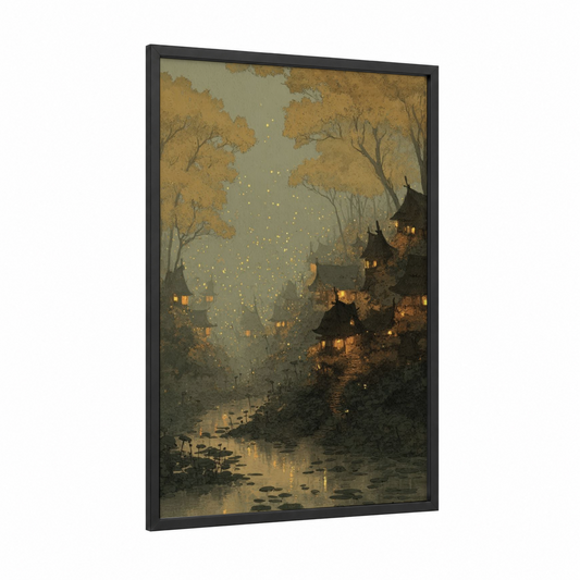 Enchanted Forest Village framed art print — black wood frame — gold and champagne gold palette