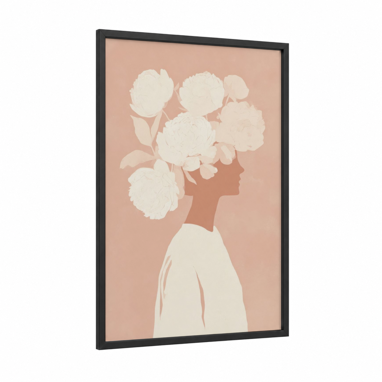 Floral Silhouette Girl framed art for girl print — black wood frame — peach and cream palette