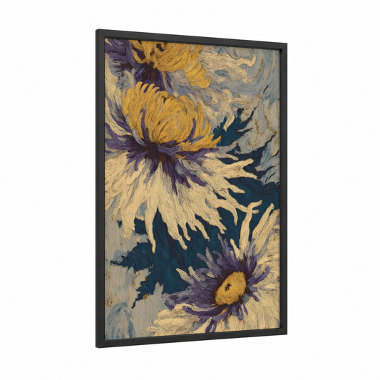 Golden Chrysanthemum framed art print — black wood frame — gold and purple palette