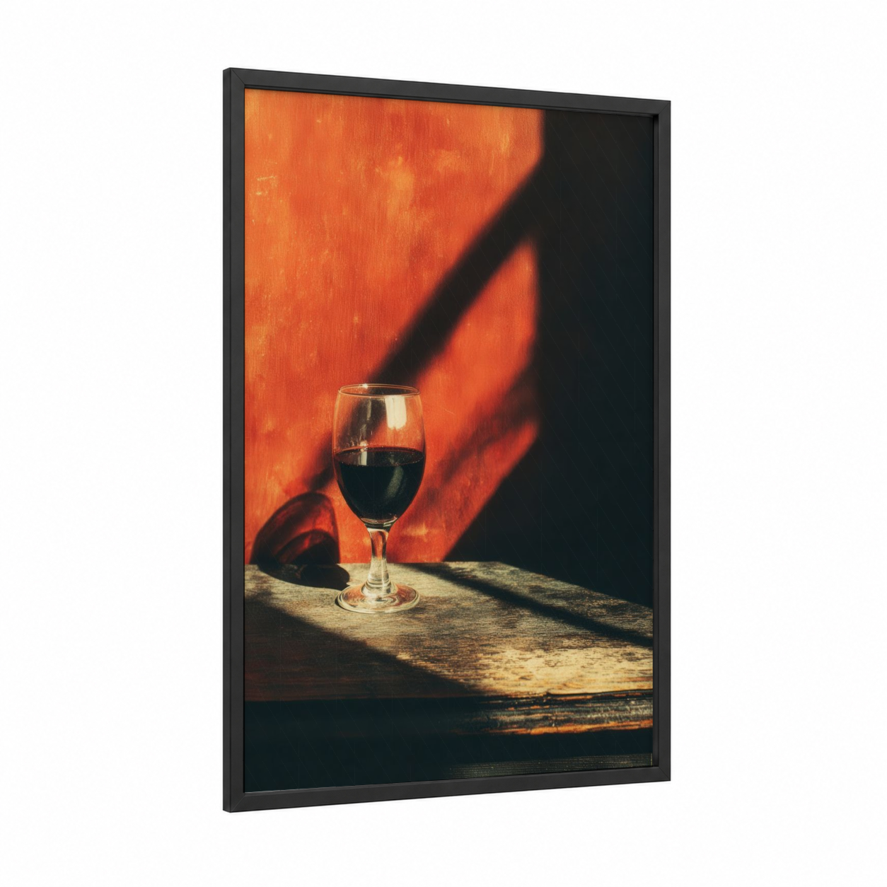 Crimson Wine Glow framed red wine print — black wood frame — red and orange palette