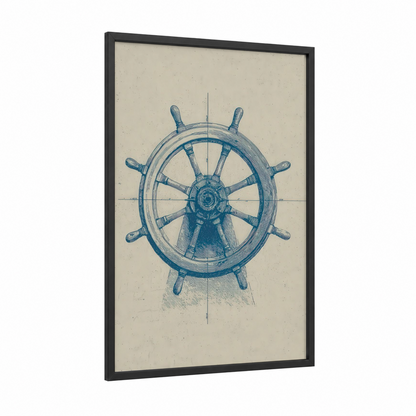 Vintage Shipwheel framed art print — black wood frame — blue and cream palette