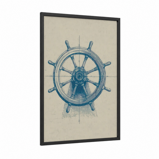 Vintage Shipwheel framed art print — black wood frame — blue and cream palette