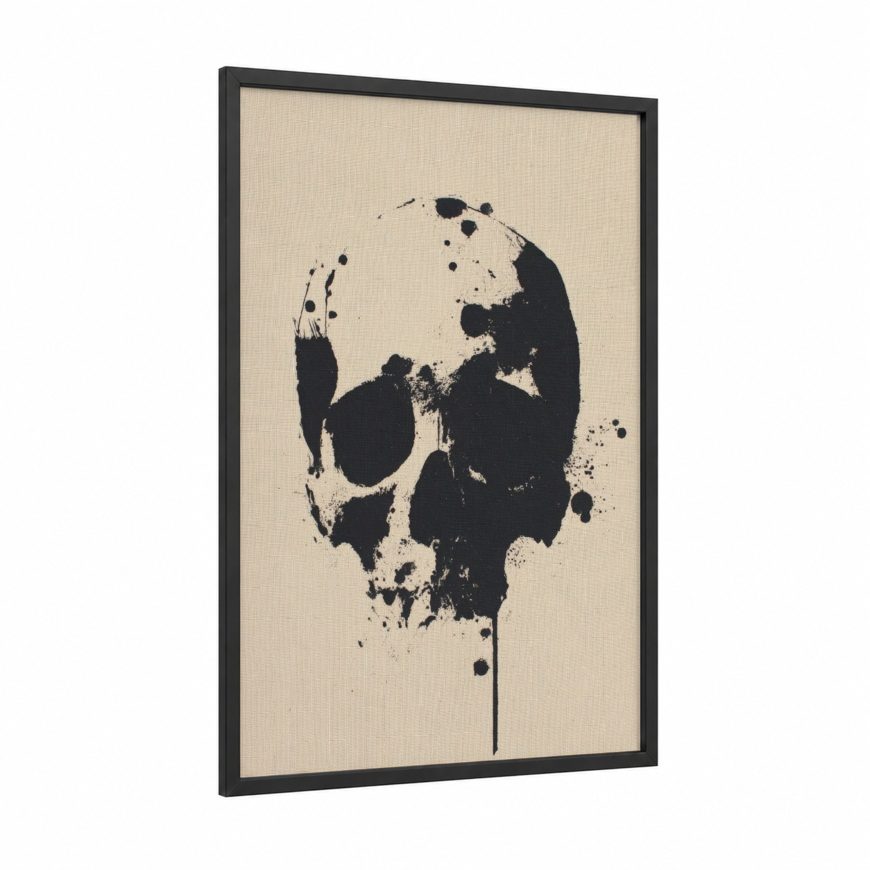 Ink Splatter Skull framed art print — black wood frame — black and cream palette