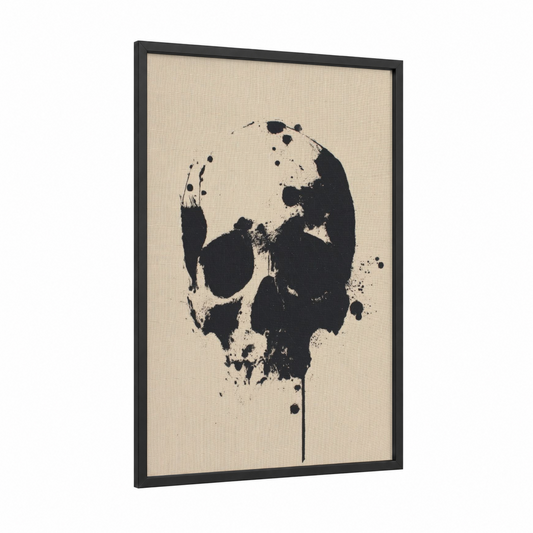 Ink Splatter Skull framed art print — black wood frame — black and cream palette