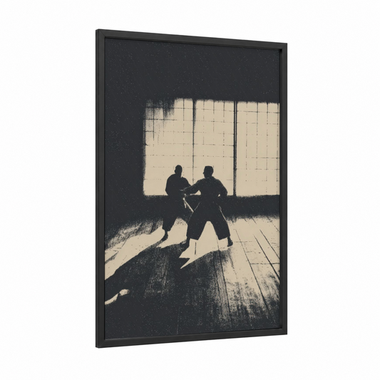 Dojo Silhouettes framed karate print — black wood frame — black and white palette