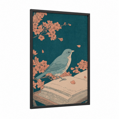 Blossoming Reader framed reading print — black wood frame — teal and salmon pink palette