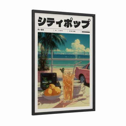 Retro Beach Vibes framed anime and manga print — black wood frame — blue and yellow gold palette
