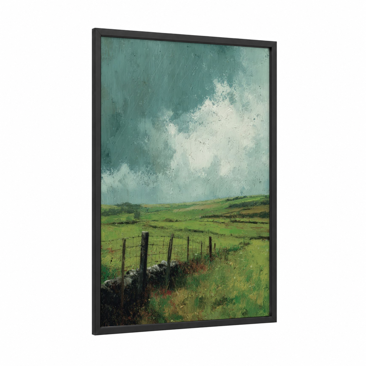 Stormy Pasture framed green field print — black wood frame — light green and blue and white palette