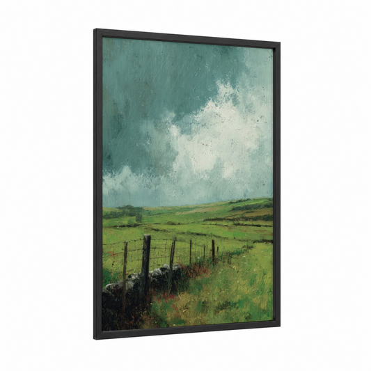 Stormy Pasture framed green field print — black wood frame — light green and blue and white palette