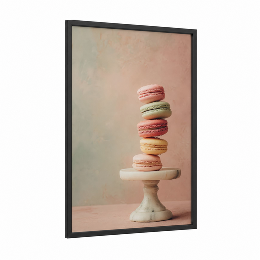 Pastel Macarons Stack framed sweet print — black wood frame — salmon pink and peach palette