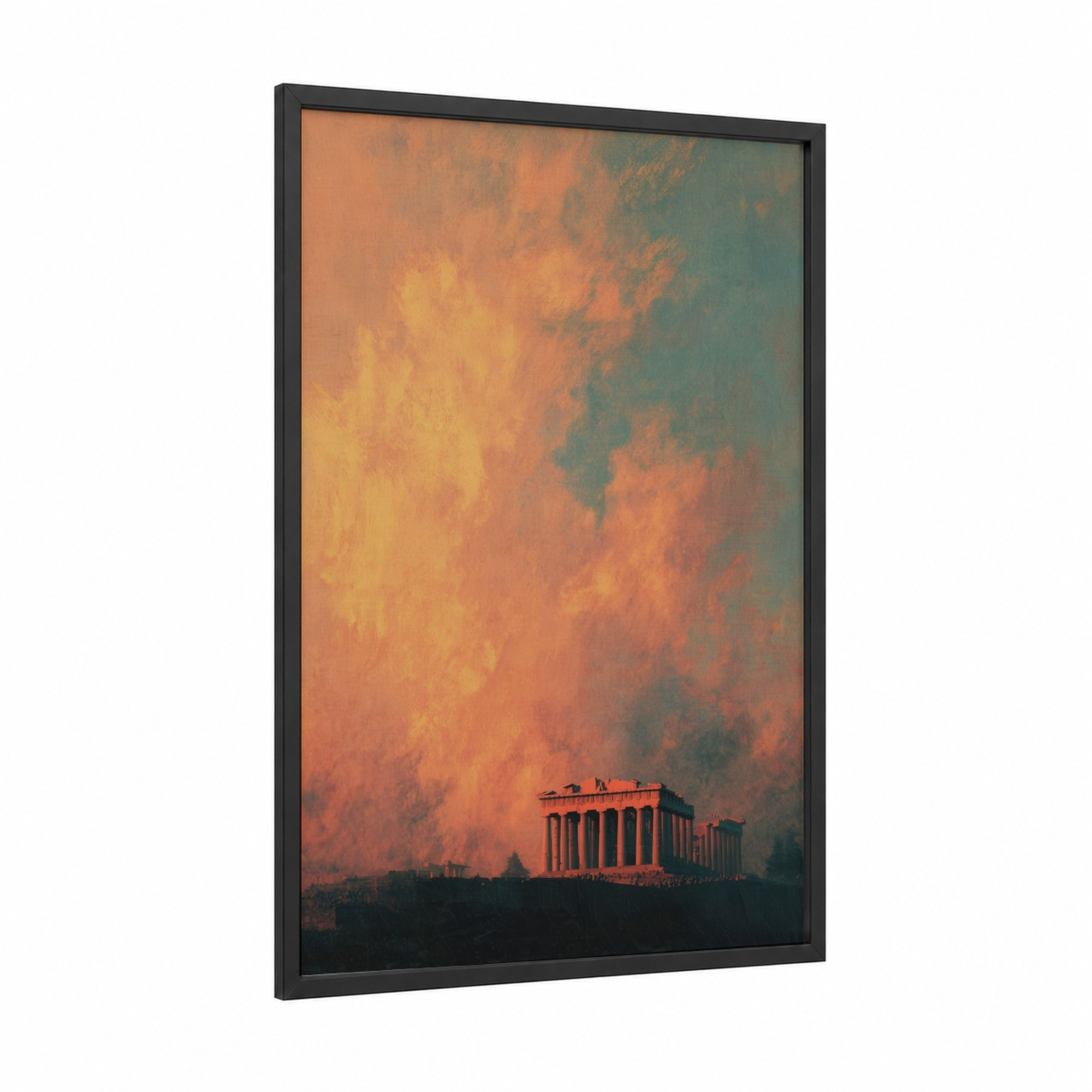 Fiery Parthenon framed art print — black wood frame — gold and russet palette