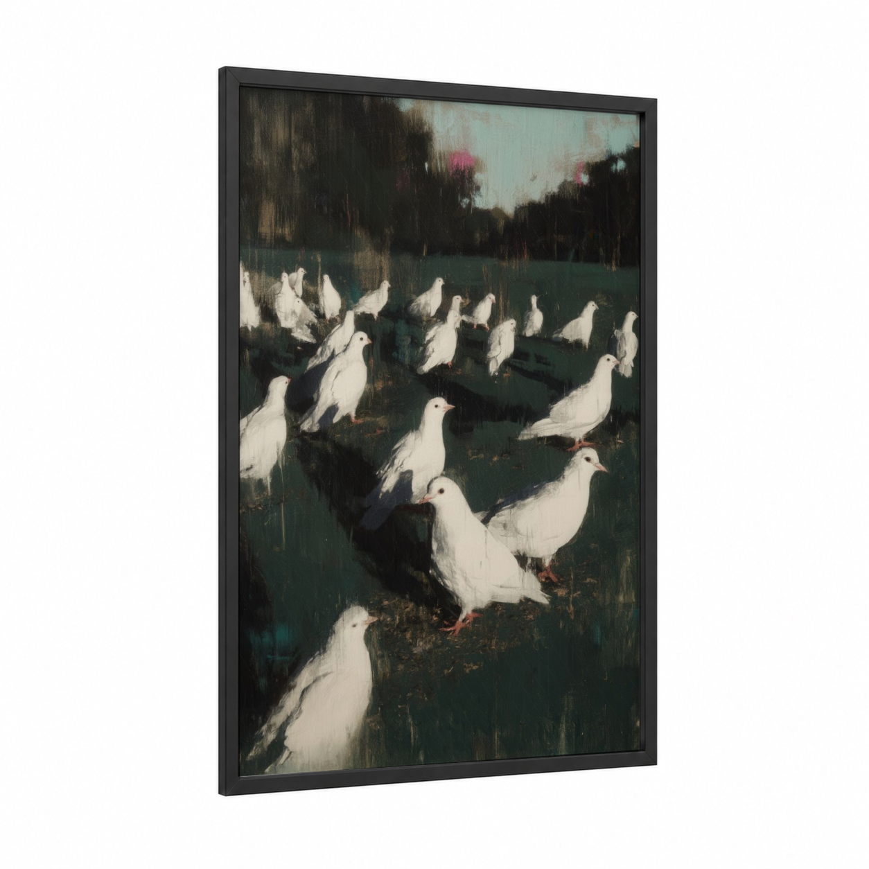 Pastoral Doves framed art print — black wood frame — dark green and white palette